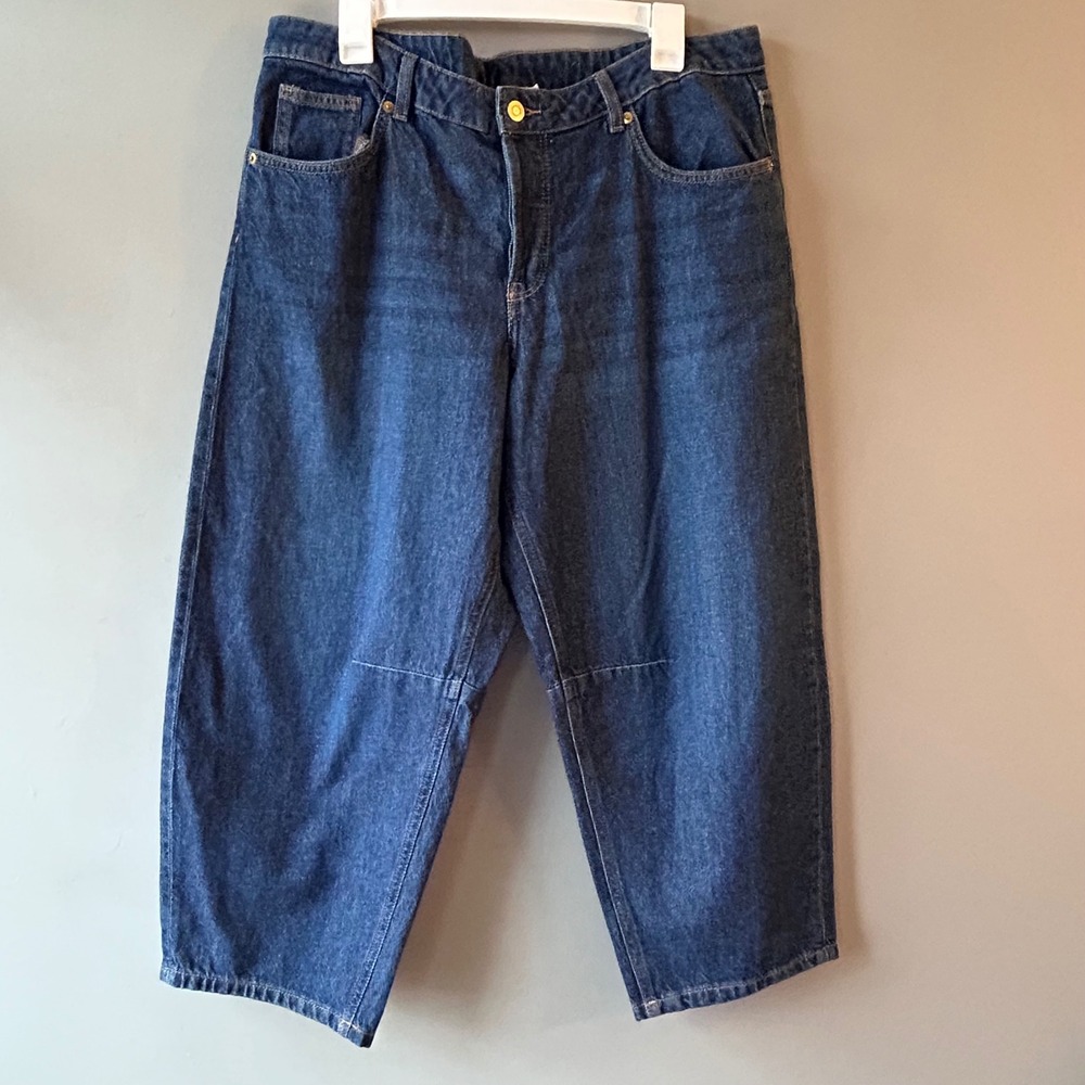 H&M Divided Barrel Leg Jeans Womens 12 Dark Wash High Rise Tapered Balloon Denim